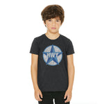 A kid wearing a Charcoal T-Shirt with a two toned blue graphic of the Blue Star Highway logo on it.