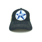 A Blue denim bill and front with a clay colored mesh back. Adjustable velcro strap on the back. A large rustic patch of the Blue Star Highway logo on the front.