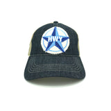 A Blue denim bill and front with a clay colored mesh back. Adjustable velcro strap on the back. A large rustic patch of the Blue Star Highway logo on the front.