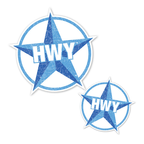 A Large and Small 2 toned Blue Star Highway graphic with HWY in the middle of it.