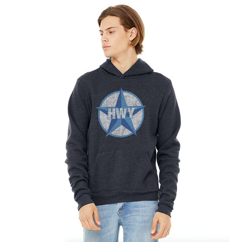 A guy wearing a Vintage Heather Navy Hoodie with a two toned blue graphic of the Blue Star Highway logo on it.